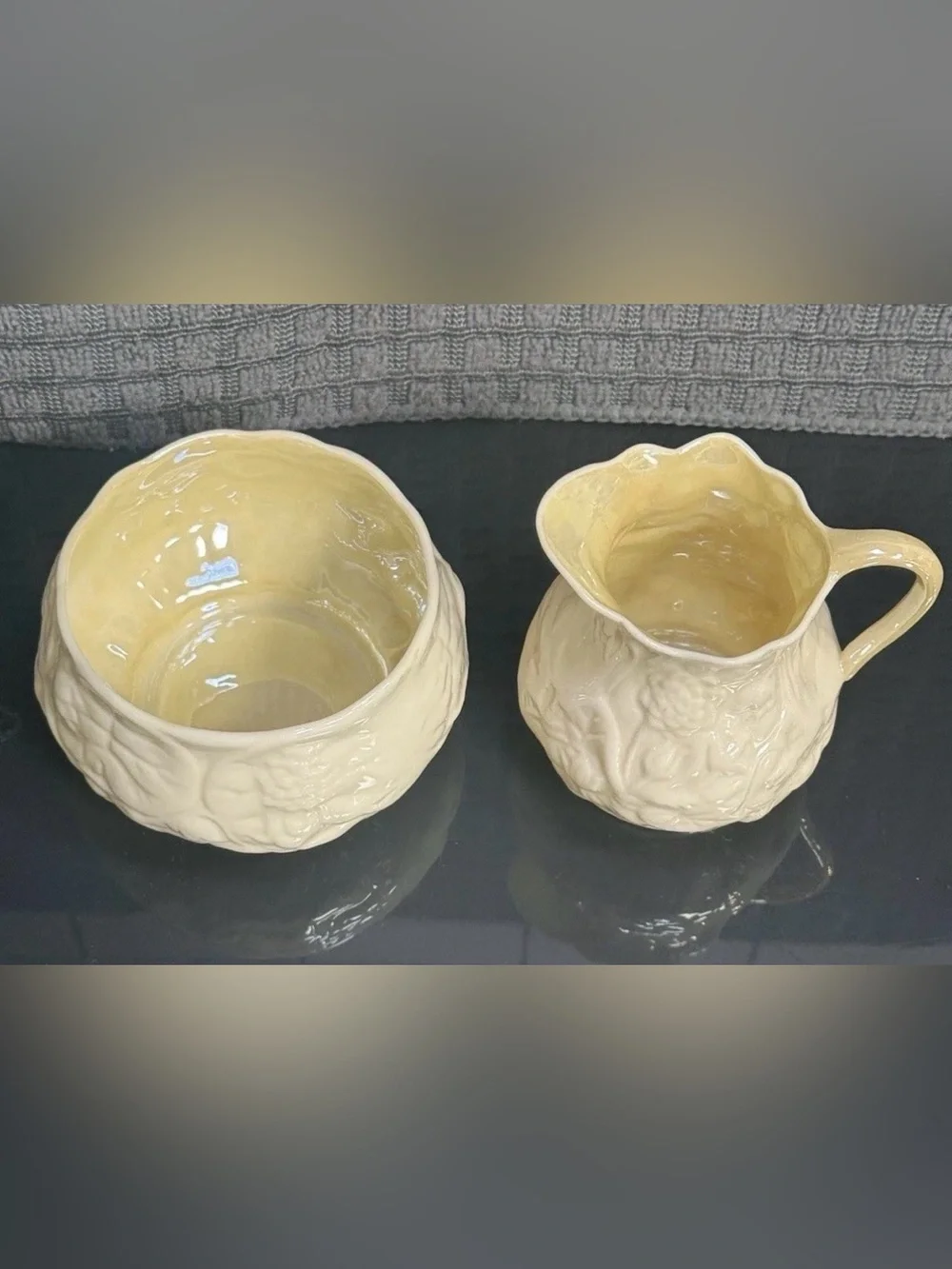 MCM Belleek White Lotus China Creamer 8 Sugar Set Glossy Model 0857 Green Mark